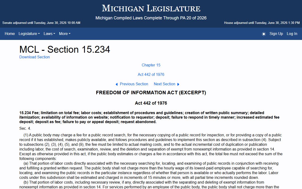 Michigan FOIA fee statute governing Kalkaska County clerk copy costs