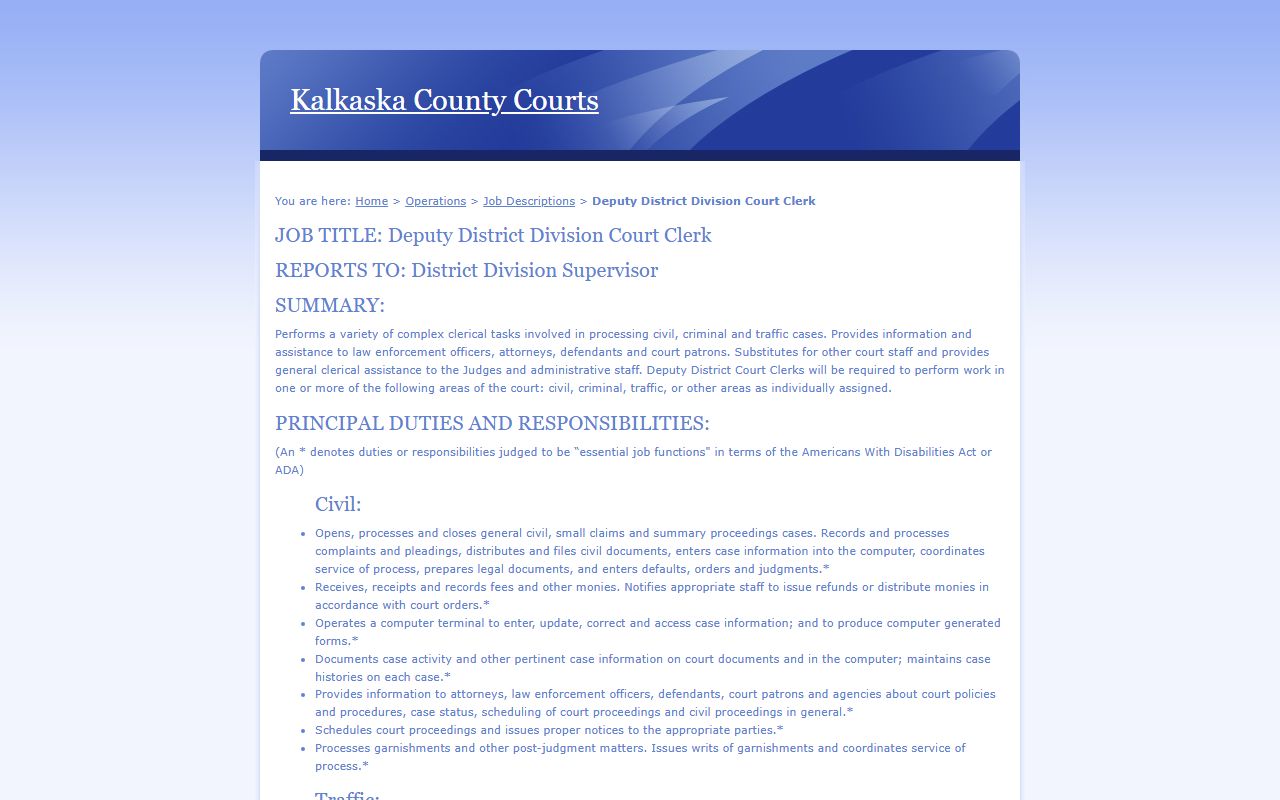 Kalkaska County district clerk duties for processing criminal and traffic charge records
