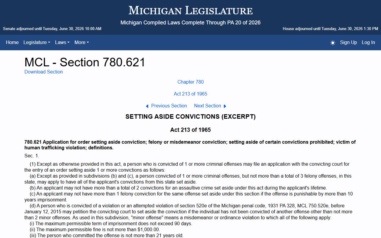 Kalkaska County set-aside charge records under the Michigan expungement statute