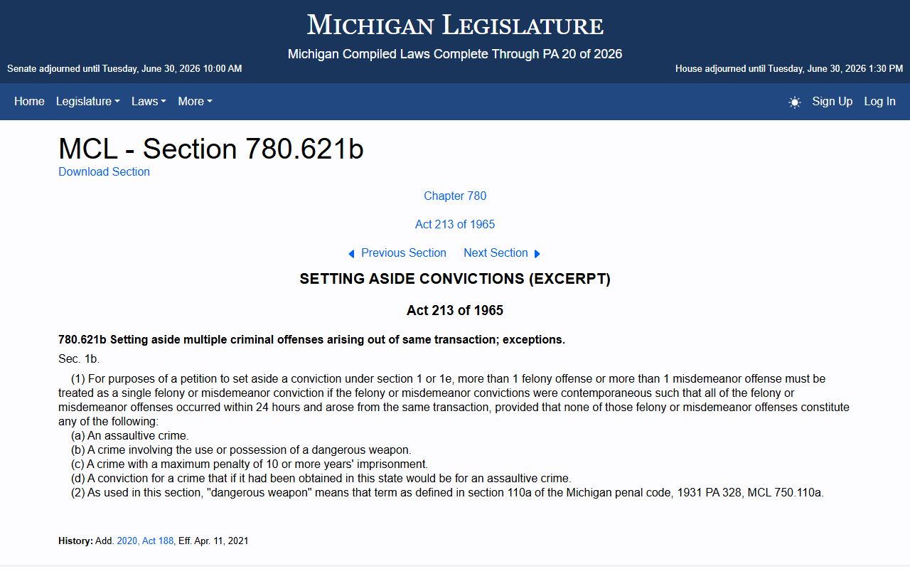 Kalkaska County set-aside charge records waiting period under Michigan law