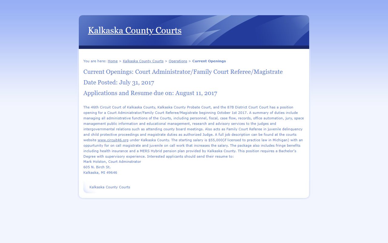 Kalkaska County trial-court staffing and administration page behind court dockets