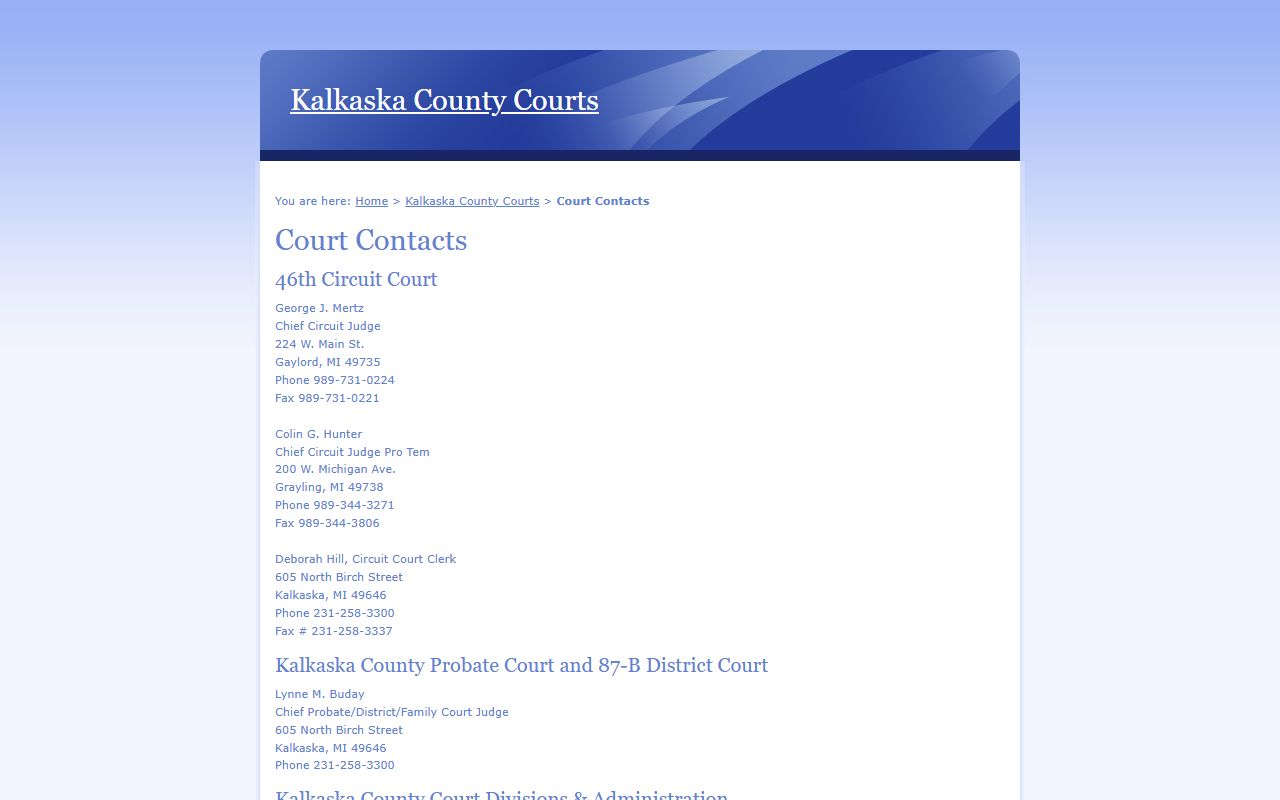 Kalkaska County court records division contacts lookup page