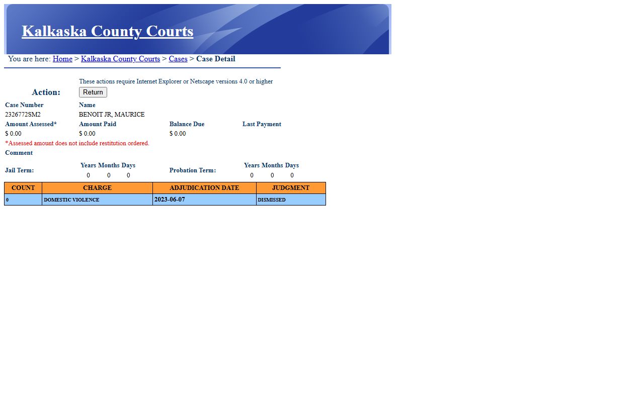 Kalkaska County court records sample district court case detail page