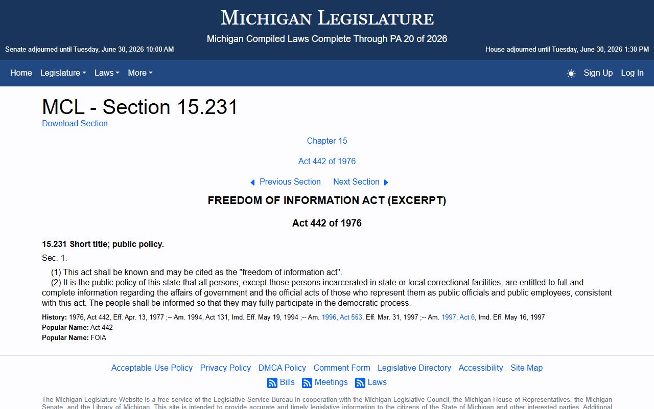 Kalkaska County court records FOIA rights under Michigan FOIA act section 1