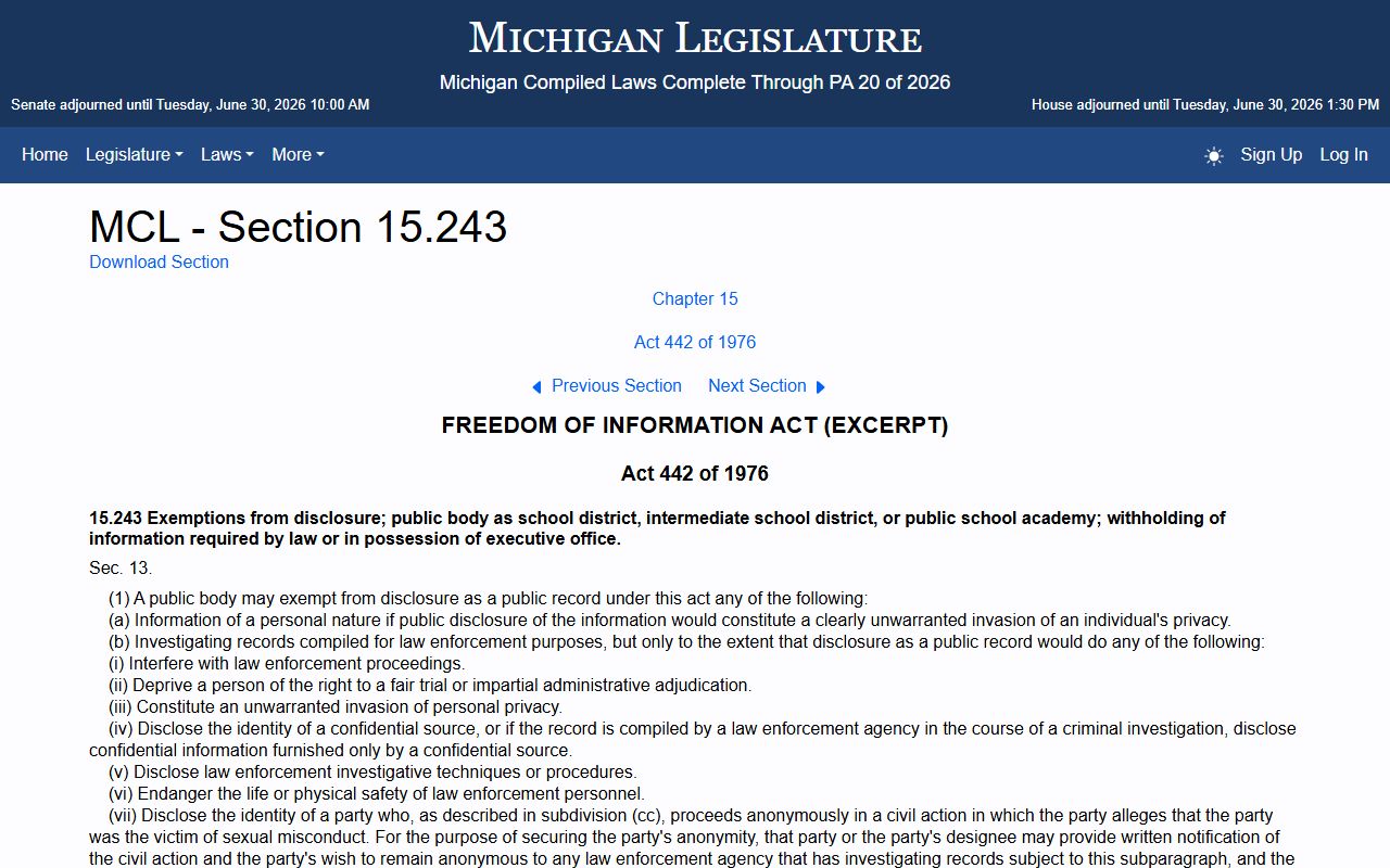 Kalkaska County court records FOIA exemptions under Michigan FOIA section 15.243