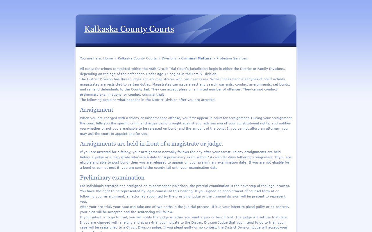 Kalkaska County criminal court records arraignment and felony process notes