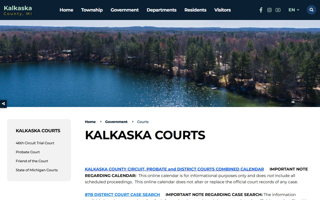 Kalkaska County courts page with courthouse address, hours, and court records search notice