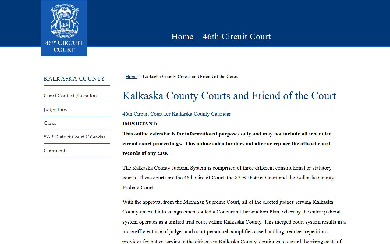 Kalkaska County 46th Circuit Court landing page with court records links