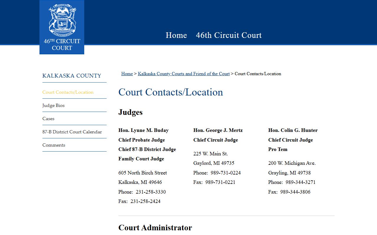 Kalkaska County court contacts and location page with judges and court records departments