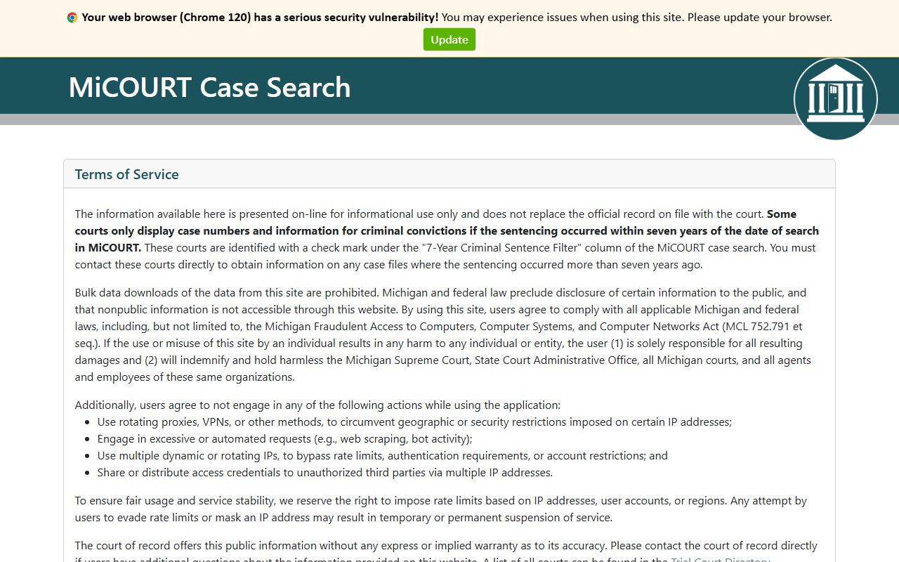 Kalkaska County court records on the MiCOURT statewide case-search portal