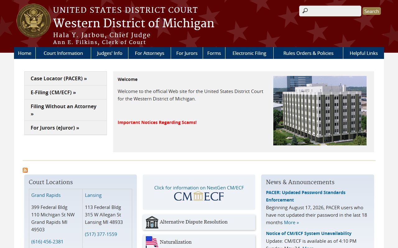 Kalkaska County federal court records on the Western District of Michigan homepage