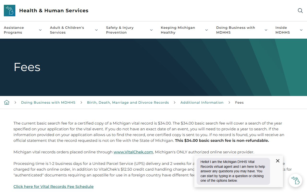 Kalkaska County marriage and divorce records fees on the Michigan vital record fee page