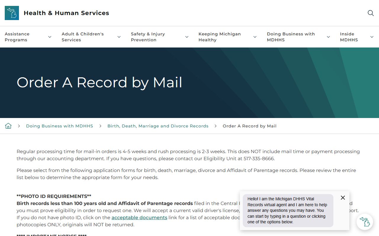 Kalkaska County divorce records mail order steps on the Michigan vital record mail-order page