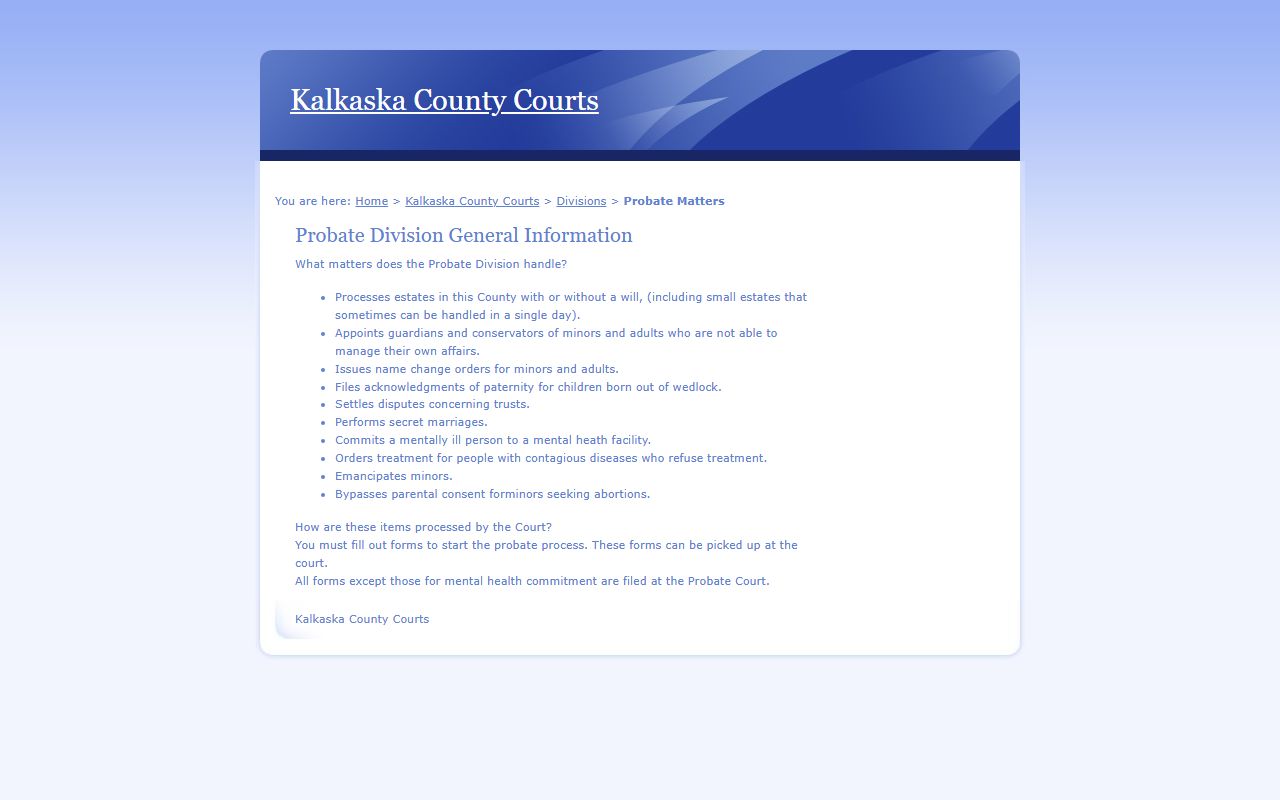 Kalkaska County probate records general information page