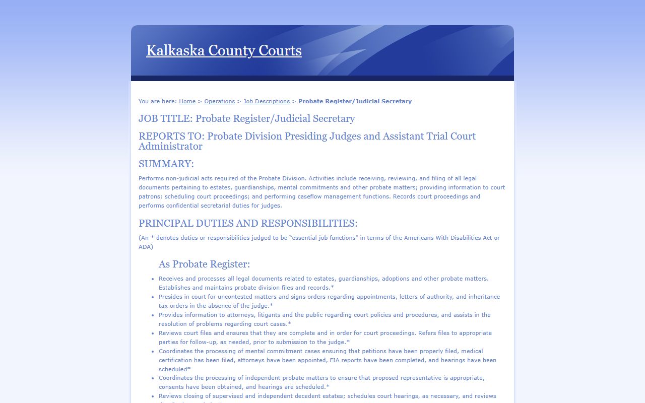 Kalkaska County probate records register job description page