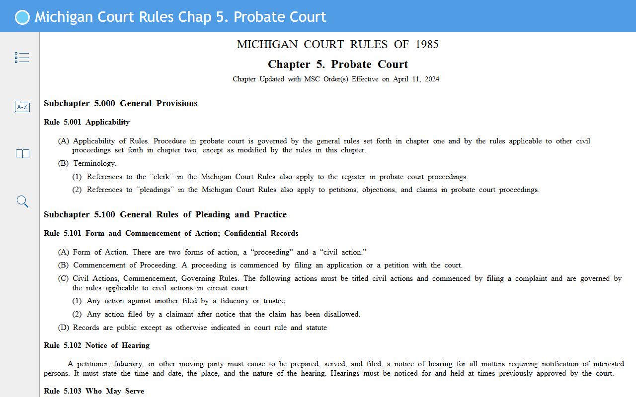 Kalkaska County probate records Michigan Court Rules chapter 5
