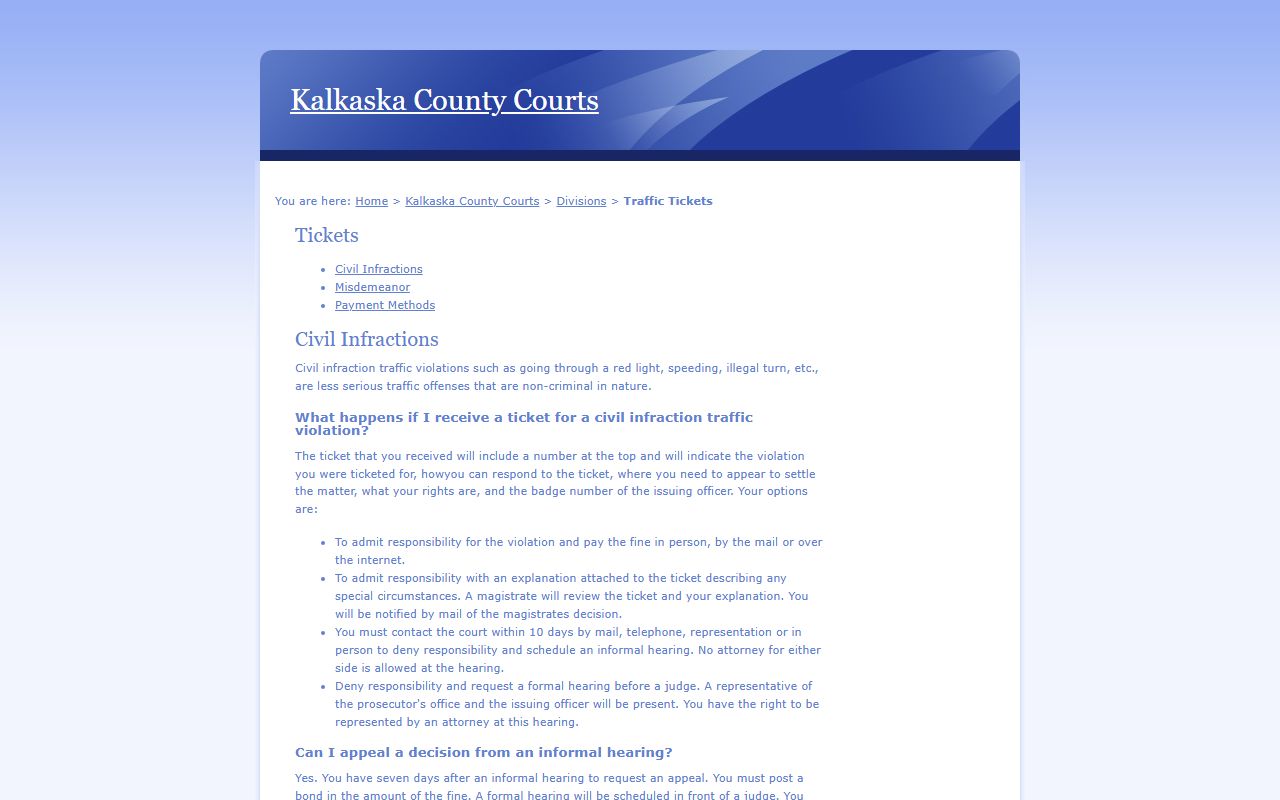 Kalkaska County traffic court records ticket instructions page