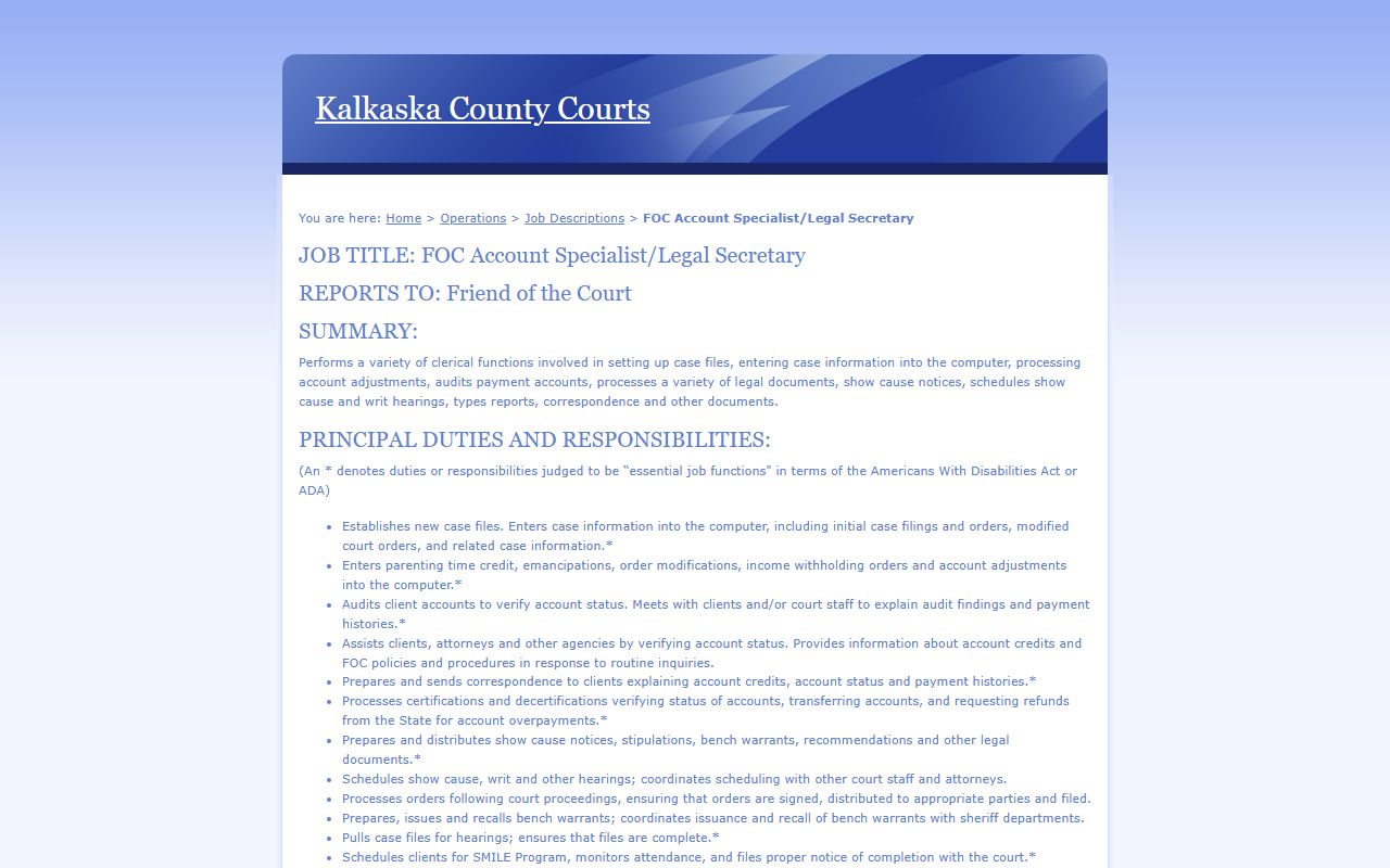 Kalkaska County Friend of the Court legal-secretary page listing bench-warrant coordination duties