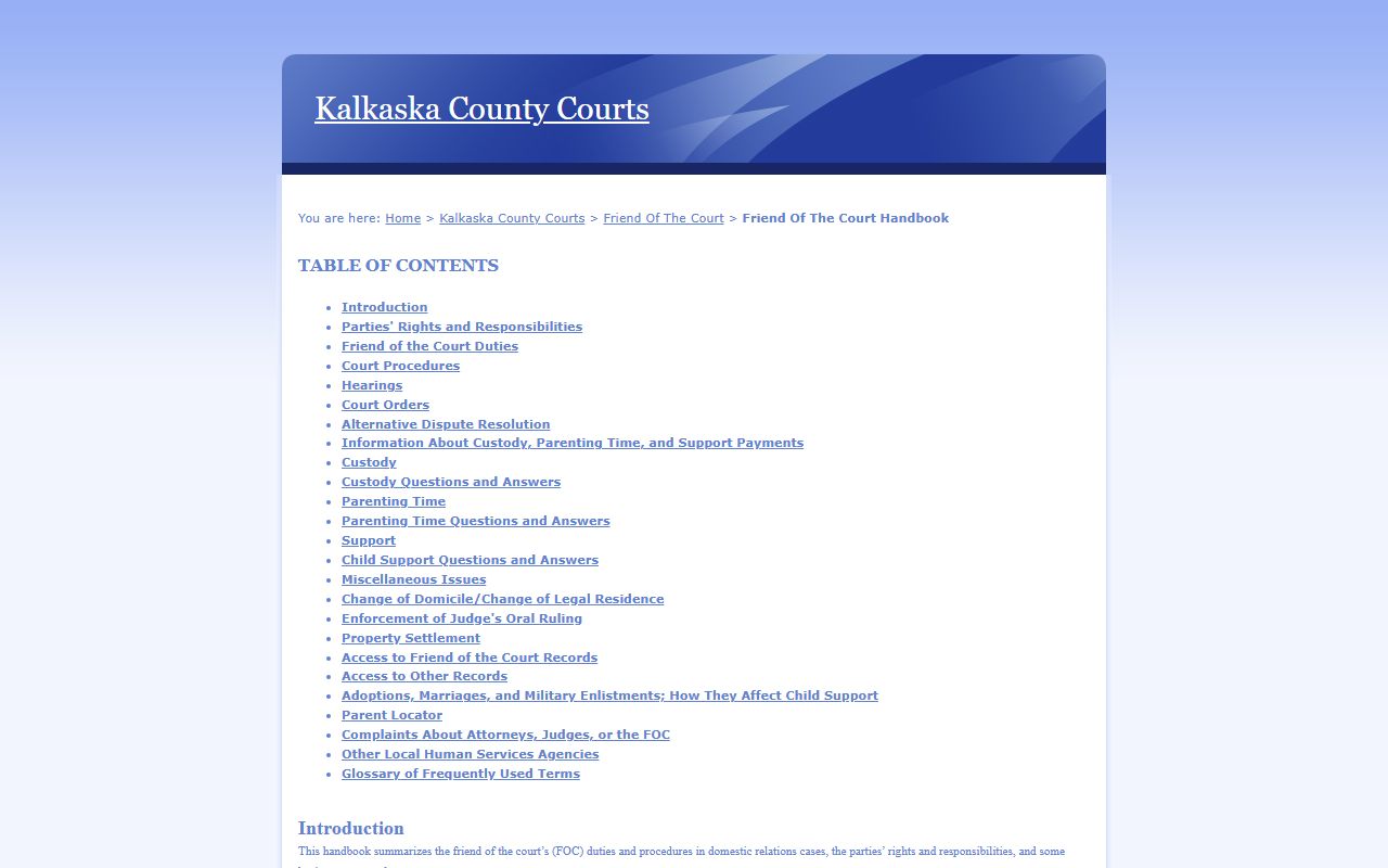 Kalkaska County Friend of the Court handbook page defining bench warrant and related terms